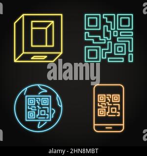 Neon QR codes and qrcode scanner icon set in line style. Vector illustration. Stock Vector
