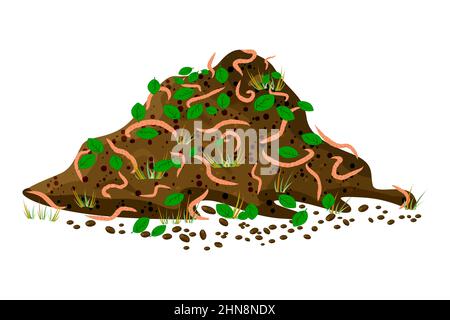 Pile soil with earthworms isolated on white background. Heap compost with worms and leaves.Earthworms on stack of ground and organic fertilizer.Vector Stock Vector