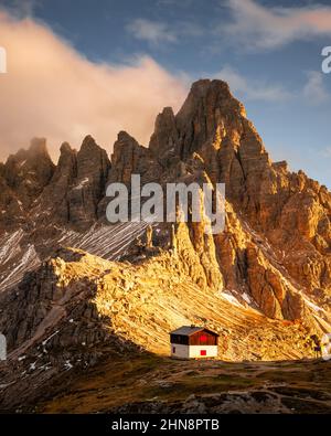 Incredible sunset at the Tre Cime di Lavaredo and rifugio Locatelli in Dolomite Alps. Three peaks of Lavaredo, Dolomites, South Tyrol, Italy, Europe. Landscape photography Stock Photo