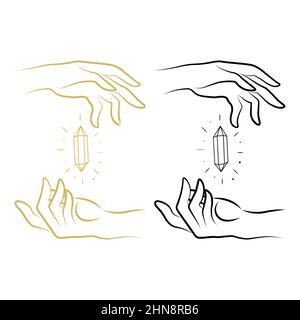 Hipster magic crystal in hands outline vector illustration minimalist icon set. Linear sign of treasure gem. Mineral, diamond, quartz simple icons iso Stock Vector