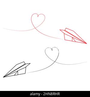Set of two vector illustrations of paper plane icons fot st. Valentines Day. Outline simple and silhouette paper airplane with heart route isolated on Stock Vector