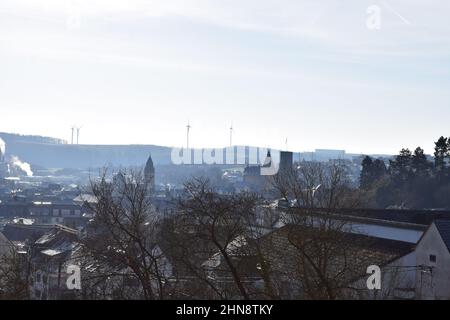 view across Mayen with the steam from the paper mill in the south Stock Photo