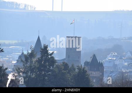 view across Mayen with the Genovevaburg in the skyline Stock Photo