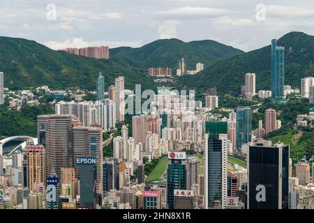 Aerial from helicopter of Causeway Bay and Wan Chai, Hong Kong Island, showing Victoria Park, Tai Hang, Hong Kong Stadium, Jardine's Lookout and Happy Stock Photo