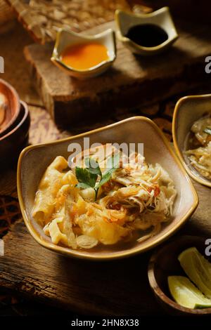 Timlo Solo.  Javanese clear soup with egg roll, chicken, and soy-egg from Solo / Surakarta, Central Java Stock Photo