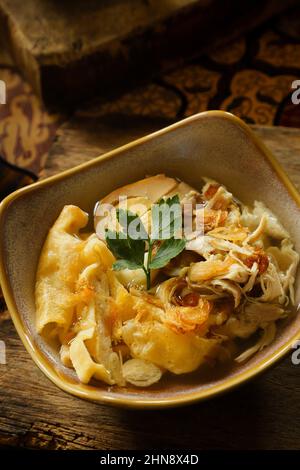 Timlo Solo.  Javanese clear soup with egg roll, chicken, and soy-egg from Solo / Surakarta, Central Java Stock Photo