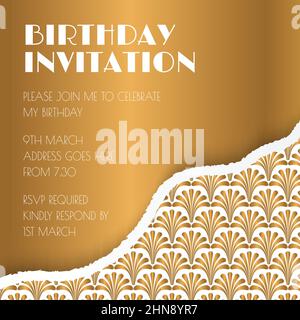 Gold Art Deco Great Gatsby Style Invitation Design with Pattern Ornaments Stock Vector
