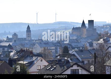 view across Mayen with the Genovevaburg in the skyline Stock Photo