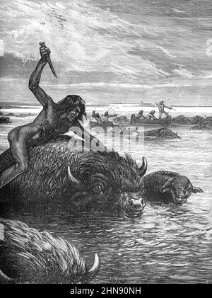 Bison Hunt or American Buffalo Hunt by Red Indians or Native Americans USA. Vintage Illustration or Engraving 1882 Stock Photo