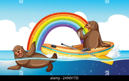 Sea lions animal cartoon in the water with rainbow illustration Stock Vector