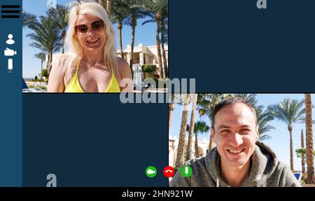 woman having online call with smiling male teacher, using laptop. E-learning, online education concept Stock Photo