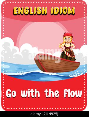 English idiom with picture description for go with the flow illustration Stock Vector