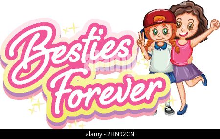 Bestie forever logo with two girls hugging in cartoon style illustration Stock Vector