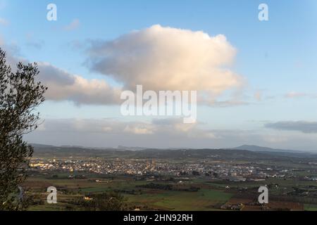 Aerial view of the Mallorcan town of Porreres at sunrise on a sunny winter day, Spain Stock Photo