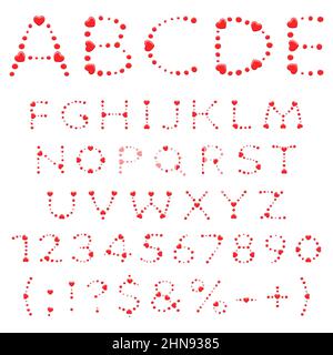 Alphabet, letters, numbers and signs made of red circles and hearts. Isolated vector objects on a white background. Stock Vector