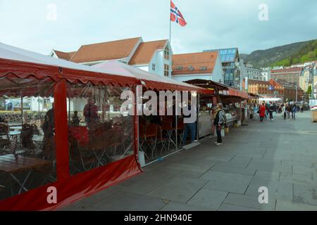 Bergen, Norway - 24th May, 2017 : Tourists at the famous Bergen fish market in Norway. Stock Photo
