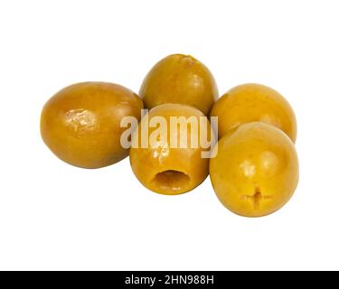 Many green olives pitted isolated on the white background Stock Photo