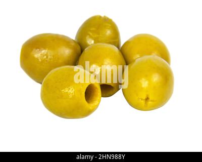 Many green olives pitted isolated on the white background Stock Photo