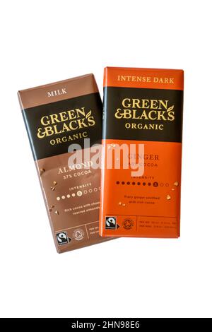 Green & Black's organic chocolate. Bars of ginger flavoured intense chocolate and almond flavoured milk chocolate. Stock Photo