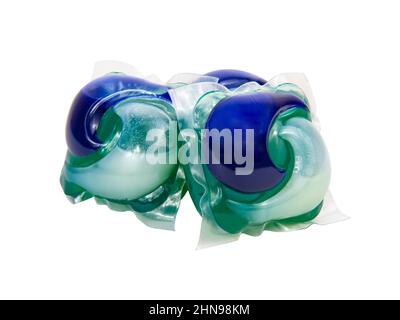 Blue green gel capsules for washing clothes isolated on the white background Stock Photo