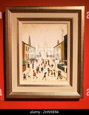 A picture called 'Salford Street Scene' by L. S. Lowry at the Potteries Museum and Art Gallery, Hanley, Stoke-on-Trent, Staffs, England, UK Stock Photo