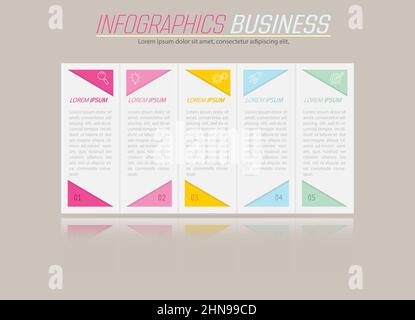 Business Infographics. 5 steps to achieve the result. Stages of development, workflow, marketing or plan. Business strategy with icons. Diagram of the Stock Vector