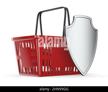 Shield and red empty shopping basket on white background. Isolated 3d illustration Stock Photo