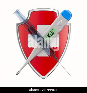 red shield with white cross on white background. Isolated 3D illustration Stock Photo