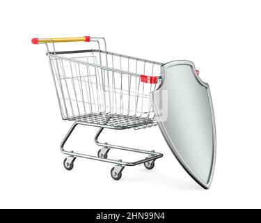 shopping cart and shield on white background. Isolated 3D illustration Stock Photo