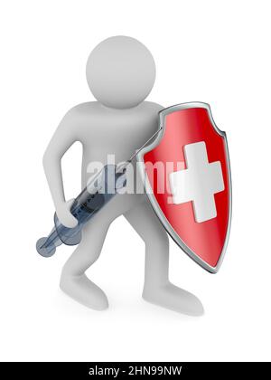 man syringe and shield on white background. Isolated 3D illustration Stock Photo