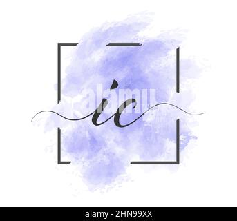 Calligraphic lowercase letters I and C are written in a solid line on a colored background in a frame. Stock Vector