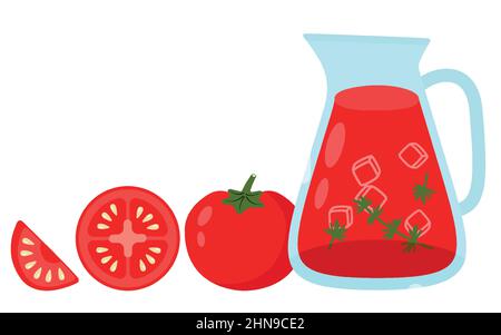 Set of tomatoes.Tomatoes whole and half cut and tomato juice Stock Vector