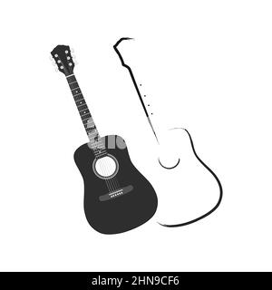 Vector silhouette and contour illustration of acoustic guitars. Icons of musical instrument for music shop design, Stock Vector