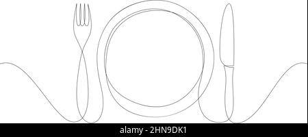 One continuous line plate, khife and fork. Vector illustration Stock Vector