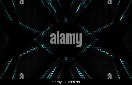 Gaming abstract background with black hexagon carbon fiber, blu geometric objects and shadows Stock Vector