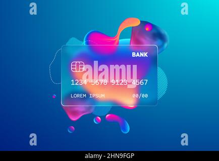Glass morphism credit card template. Plastic rectangle of transparent plastic with blur effect. Liquid shapes morphism abstract art. Stock Vector