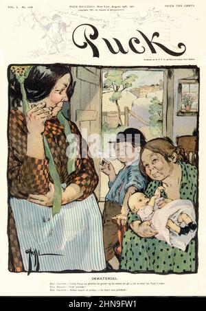 An early 20th century American Puck Magazine cover showing  a conversation between two Irish housewives, one is sitting in a chair, holding an infant, and with a young boy standing next to her, smoking a cigar. They are discussing the boy's desire to work for Richard Croker, a Tammany Hall (a New York City political organisation) boss. Stock Photo