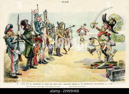 An early 20th century American Puck Magazine illustration showing a stereotyped Irish man labelled 'Ireland' as a military general sitting on a rocking horse labelled 'Home Rule', hold papers that state 'Muster-Roll of the Anti-English Army', and addressing a ragged group of soldiers labelled 'Germany, Russia, Venezuela, Japan, Transvaal, and Ashantee', Uncle Sam is standing among them; John Bull, in a state of shock, is standing on a small island just offshore. Stock Photo