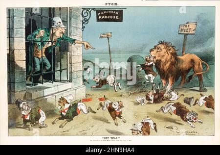 A late 19th century American Puck Magazine illustration showing Charles Stewart Parnell, a prisoner in the 'Kilmainham Kaboose', directing a pack of small dogs labelled 'Healy, Kettle, Egan, O'Connor, Dillon, Davitt, Sexton and  Brennan' to attack the British Lion, instead they scatter in all directions. Stock Photo