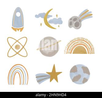 Collection of space objects painted with watercolors in boho style. Hand drawn illustration. Vector eps 10. Solar system for children's room design. Stock Vector
