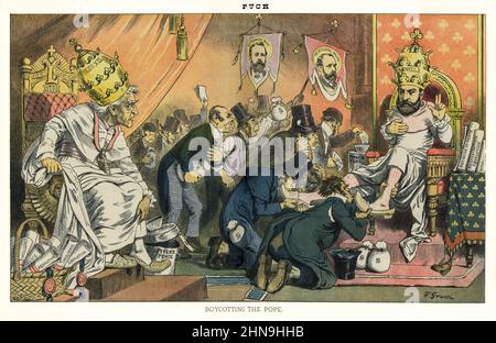 A late 19th century American Puck Magazine illustration showing Charles Parnell wearing a tiara and sitting on a throne, with many Irishmen bowing before him and placing bags of money into a container labelled 'Parnell Fund', on a table next to him are papers labelled 'Remission of Rents' and 'Assassination Absolution'; sitting on a throne on the left, unattended by anyone, is Pope Leo XIII wearing the papal tiara and looking on with dismay, at his feet, on the left, is a basket of papers labelled 'Indulgence' and 'Absolution. Stock Photo
