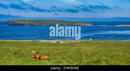 Panoramic view of the Brough of Birsay, an uninhabited tidal island off the north-west coast of Mainland Orkney, Scotland, UK Stock Photo