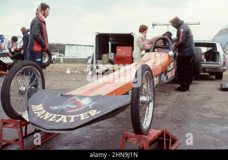 Drag Racing UK. Rear engined Top Fuel Dragster called Maneater at Santa Pod, car was driven by Roz Prior taken in 1979 exact date unknown Stock Photo