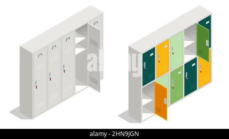 Isometric School lockers isolated in white background. White and coloured school metal locker with open doors. Stock Vector