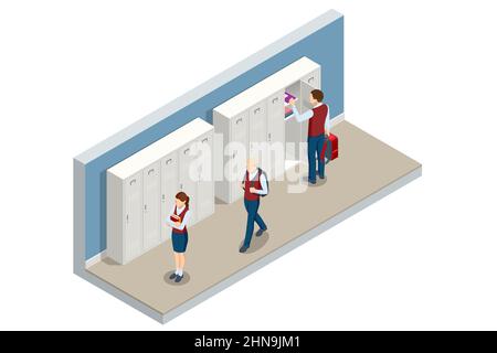 Isometric School lockers isolated in white background. Student in school at locker. White school metal locker with open doors. Stock Vector