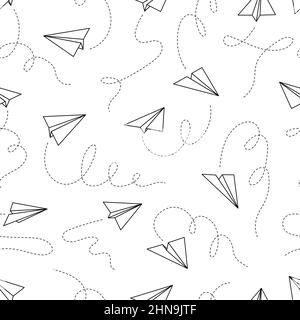 Paper airplane vector seamless pattern. Doodle outline style paper airplane background. Simple origami aircraft seamless pattern. Drawing doodle vector illustration. Stock Vector