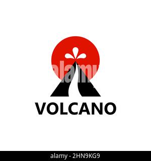 Abstract logo black mountain and red sun with an erupting volcano. Flat style Stock Vector