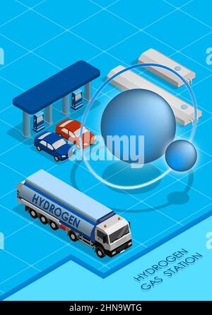 Isometric hydrogen gas station A4 vertical concept. Cargo fuel truck with tank for liquefied hydrogen transporting. Realistic 3D vector on blue backgr Stock Vector
