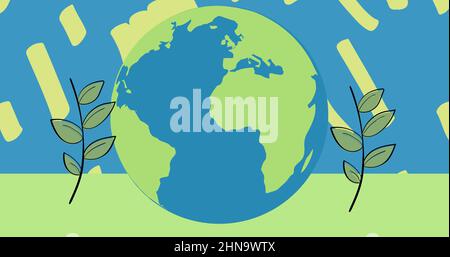 Digital composite image of planet earth amidst green twigs against abstract background Stock Photo
