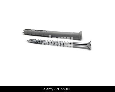 Self-tapping screw with dowel. Close-up. Isolated on white background. Stock Photo